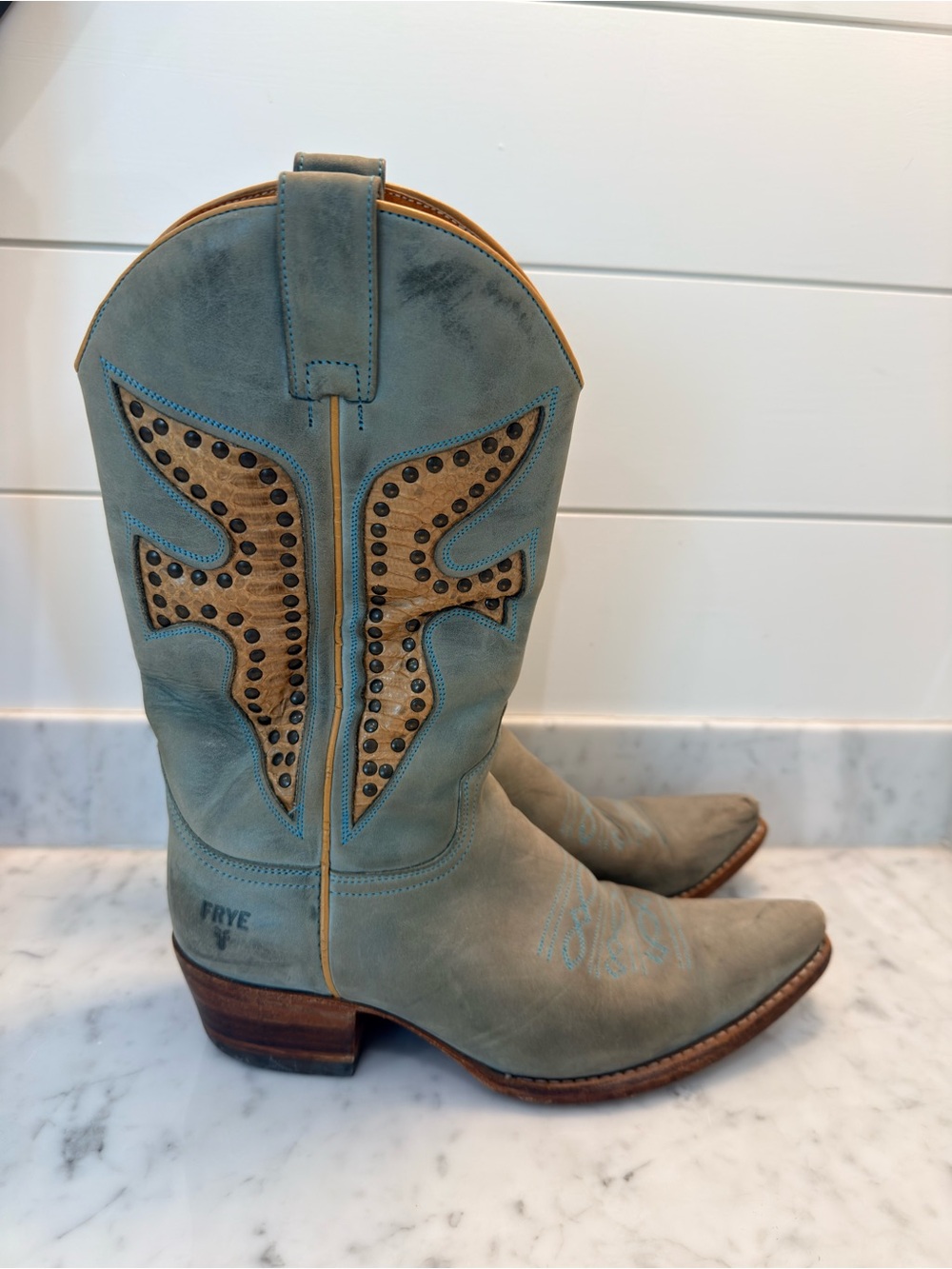 Frye Turquoise Suede Cowboy Boots with Tan Studded Insets
